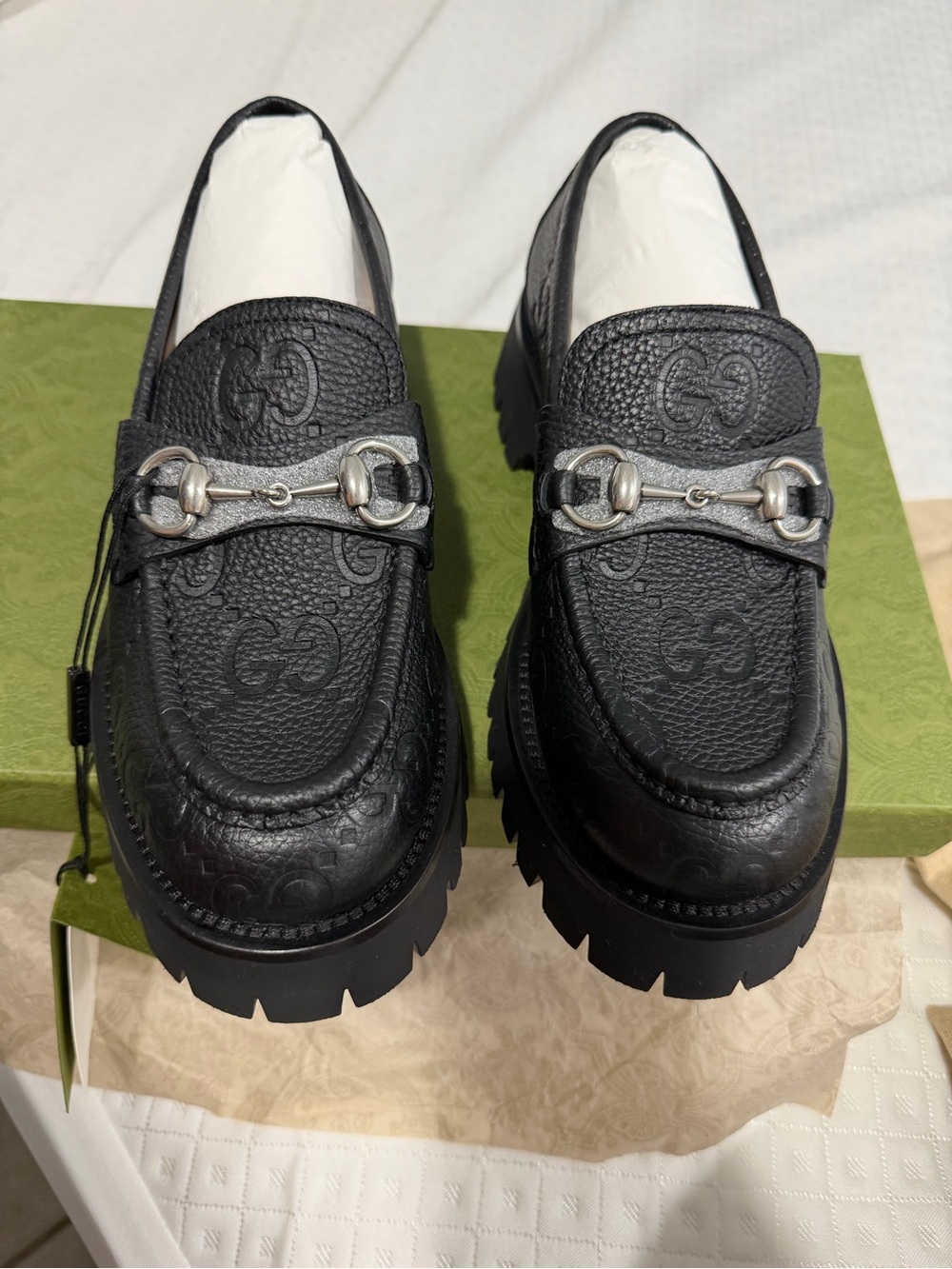 Gucci Black Embossed GG Silver Horsebit Lug Loafers